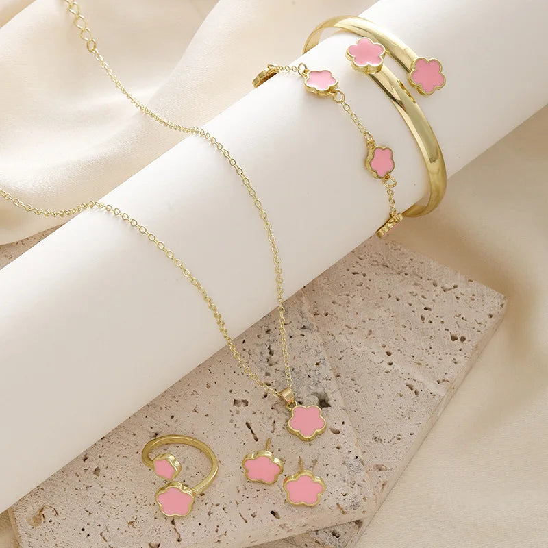 5pcs/set Fashion Flower Necklace Earrings Set Jewelry Women Stainless Steel White Shell Clover Bracelet Jewelry Accessories