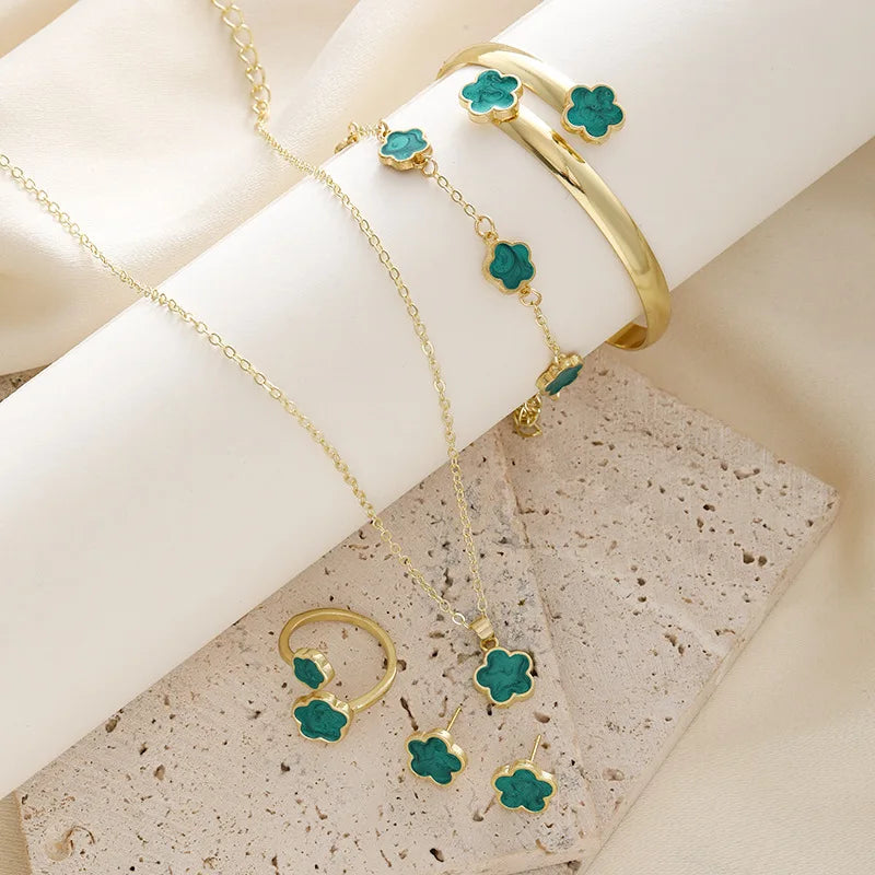 5pcs/set Fashion Flower Necklace Earrings Set Jewelry Women Stainless Steel White Shell Clover Bracelet Jewelry Accessories