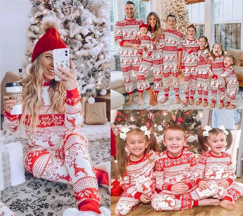 Christmas Pajamas Set Family Matching Outfits Xmas Mom Daughter Look Retro Print T Shirt + Pants Loungewear Pjs Bodysuit Pyjamas