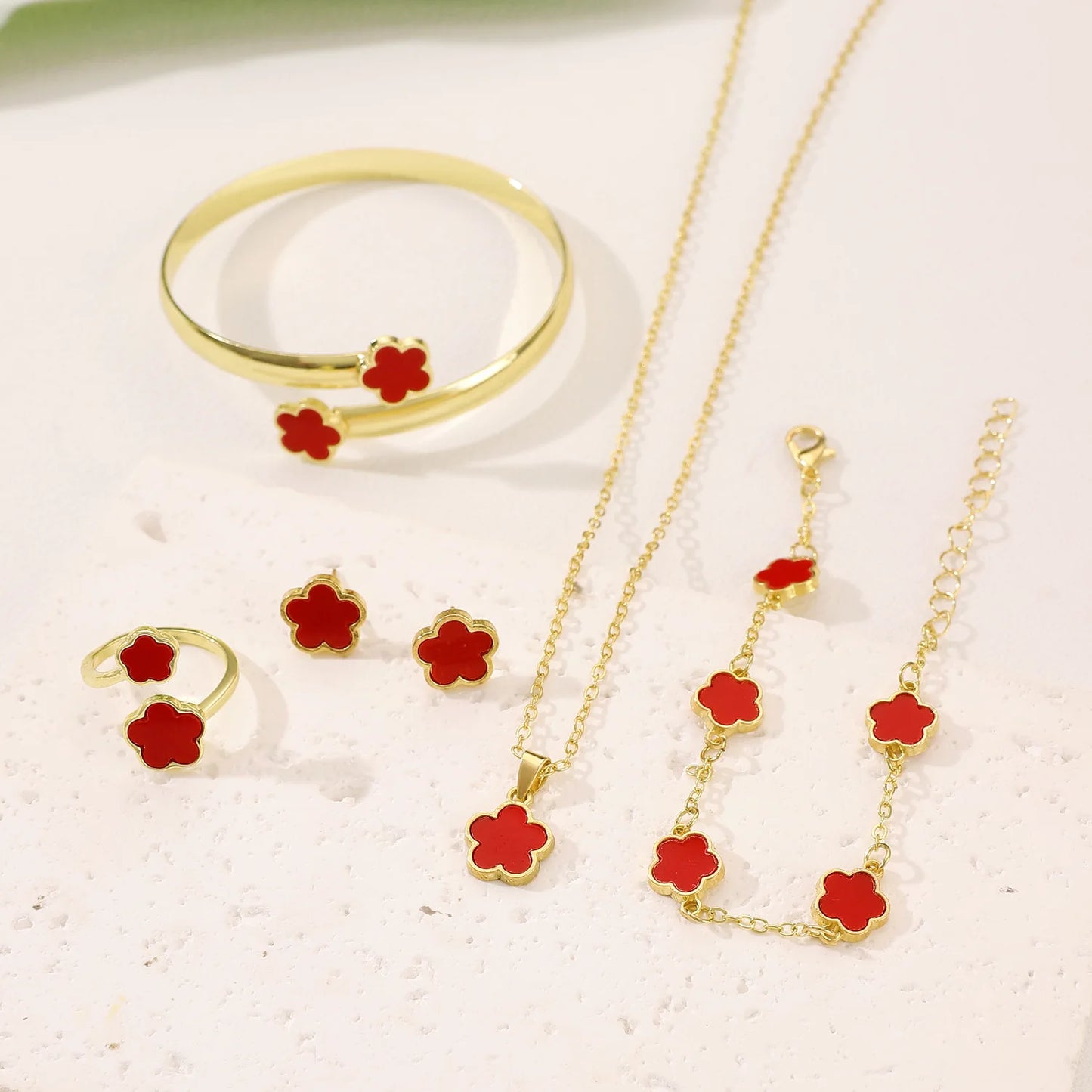 5pcs/set Fashion Flower Necklace Earrings Set Jewelry Women Stainless Steel White Shell Clover Bracelet Jewelry Accessories