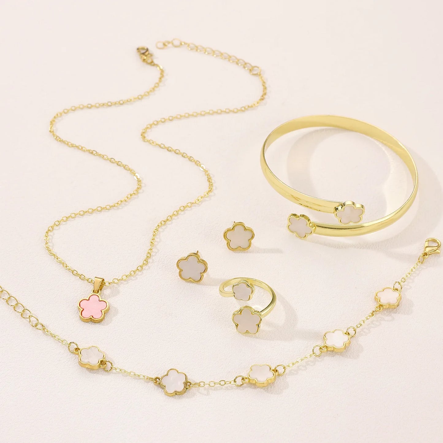 5pcs/set Fashion Flower Necklace Earrings Set Jewelry Women Stainless Steel White Shell Clover Bracelet Jewelry Accessories