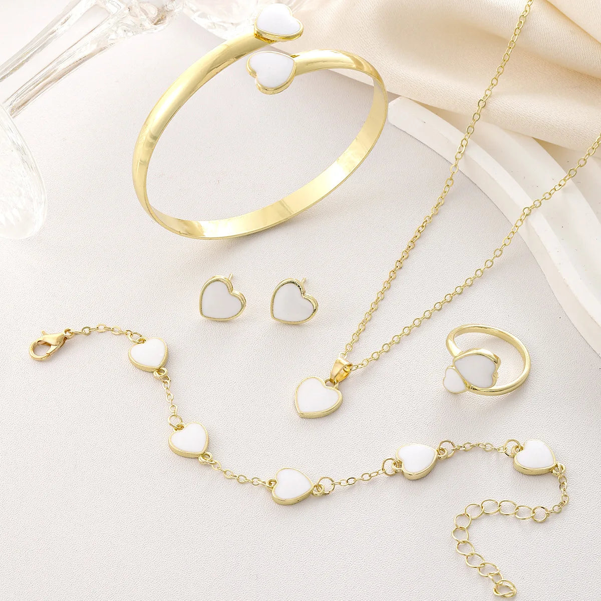 5pcs/set Fashion Flower Necklace Earrings Set Jewelry Women Stainless Steel White Shell Clover Bracelet Jewelry Accessories