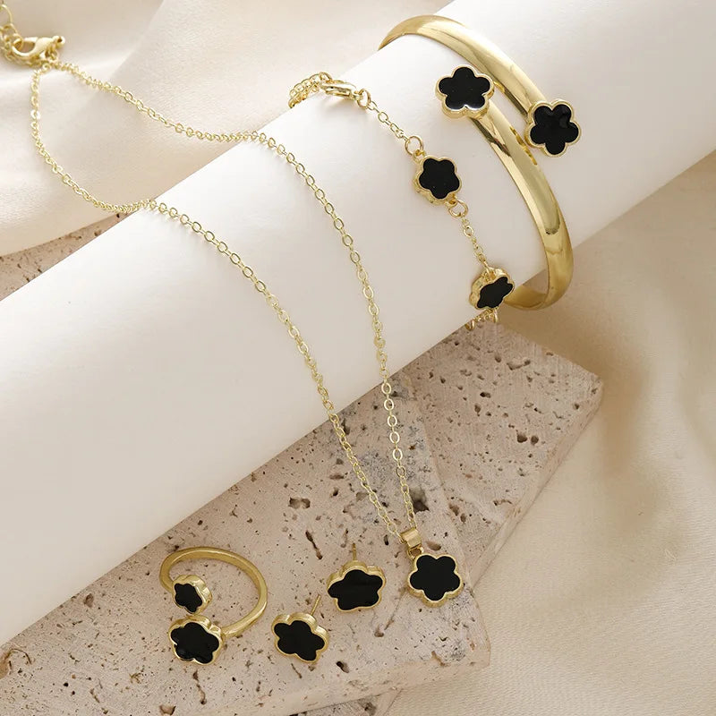 5pcs/set Fashion Flower Necklace Earrings Set Jewelry Women Stainless Steel White Shell Clover Bracelet Jewelry Accessories