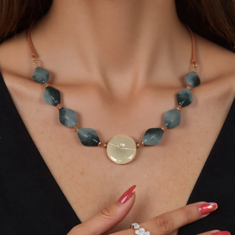 Handcrafted Glass Inspired Statement Bead Necklace Unique Elegant Round Centerpiece Boho Chic Jewelry for Women Daily Wear