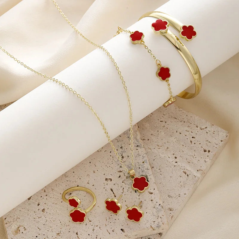 5pcs/set Fashion Flower Necklace Earrings Set Jewelry Women Stainless Steel White Shell Clover Bracelet Jewelry Accessories