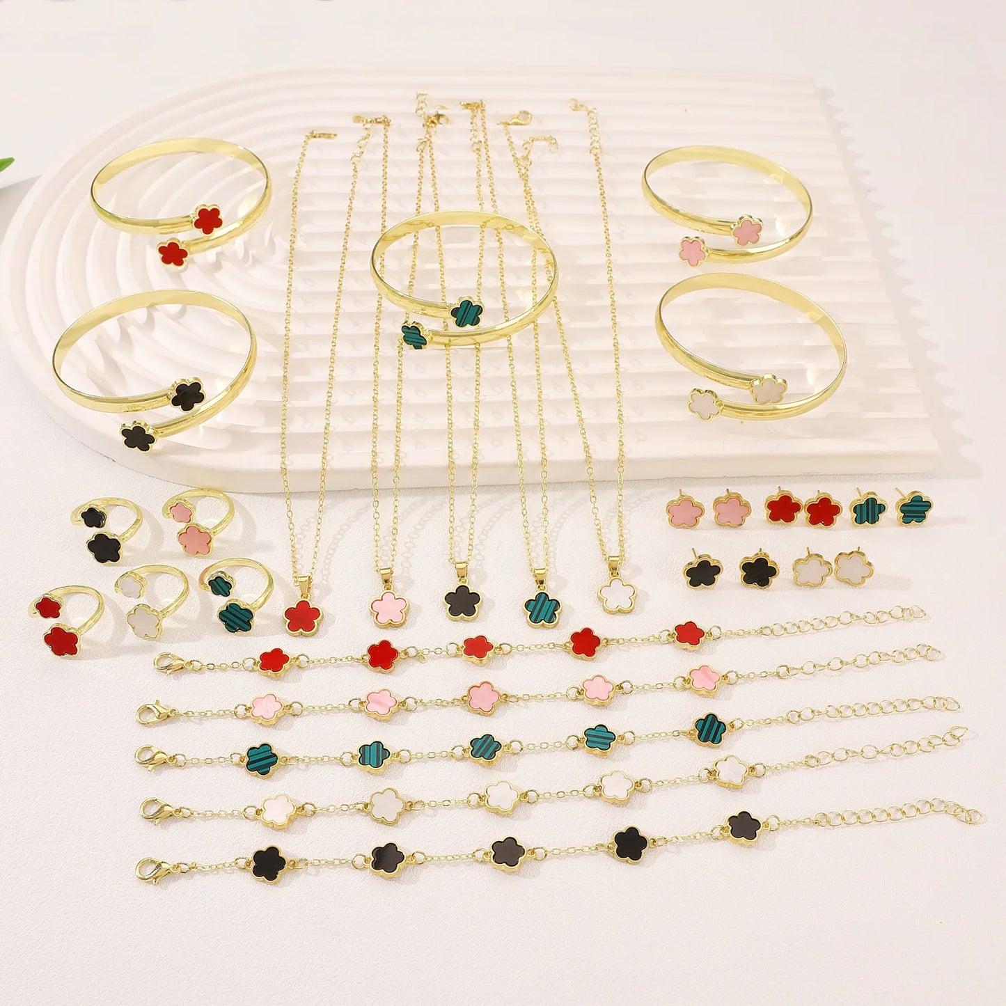 5pcs/set Fashion Flower Necklace Earrings Set Jewelry Women Stainless Steel White Shell Clover Bracelet Jewelry Accessories